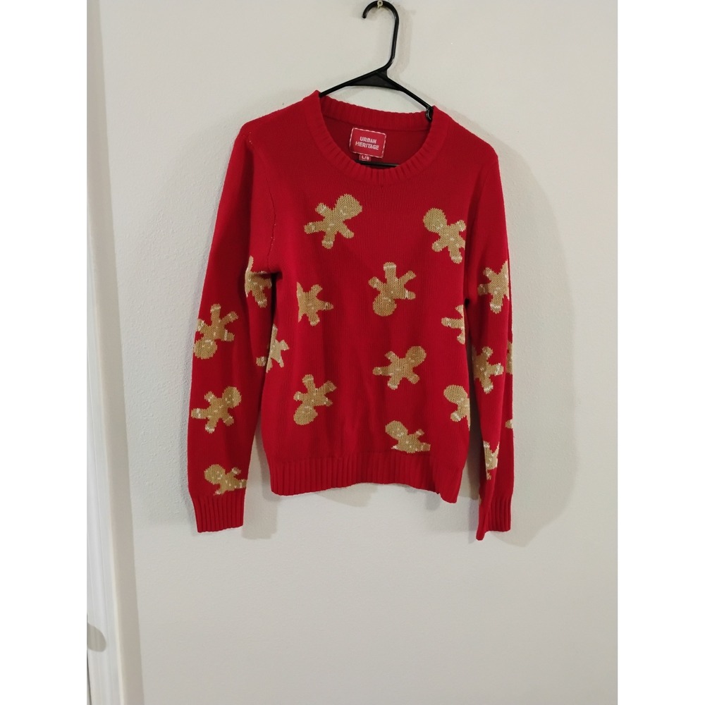 Urban Heritage Red Gold Sequin Gingerbread Man Christmas Sweater Large